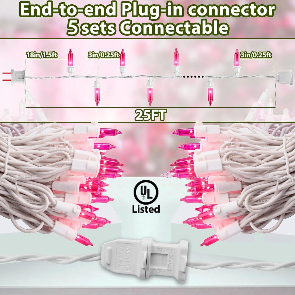Pink Christmas Lights 25FT 100 Incandescent Bulbs, Pink Mini Lights with White Wire for Valentine's Day, Wedding, Garland, Thanksgiving, Party, Home, Indoor & Outdoor Festival Xmas Decoration