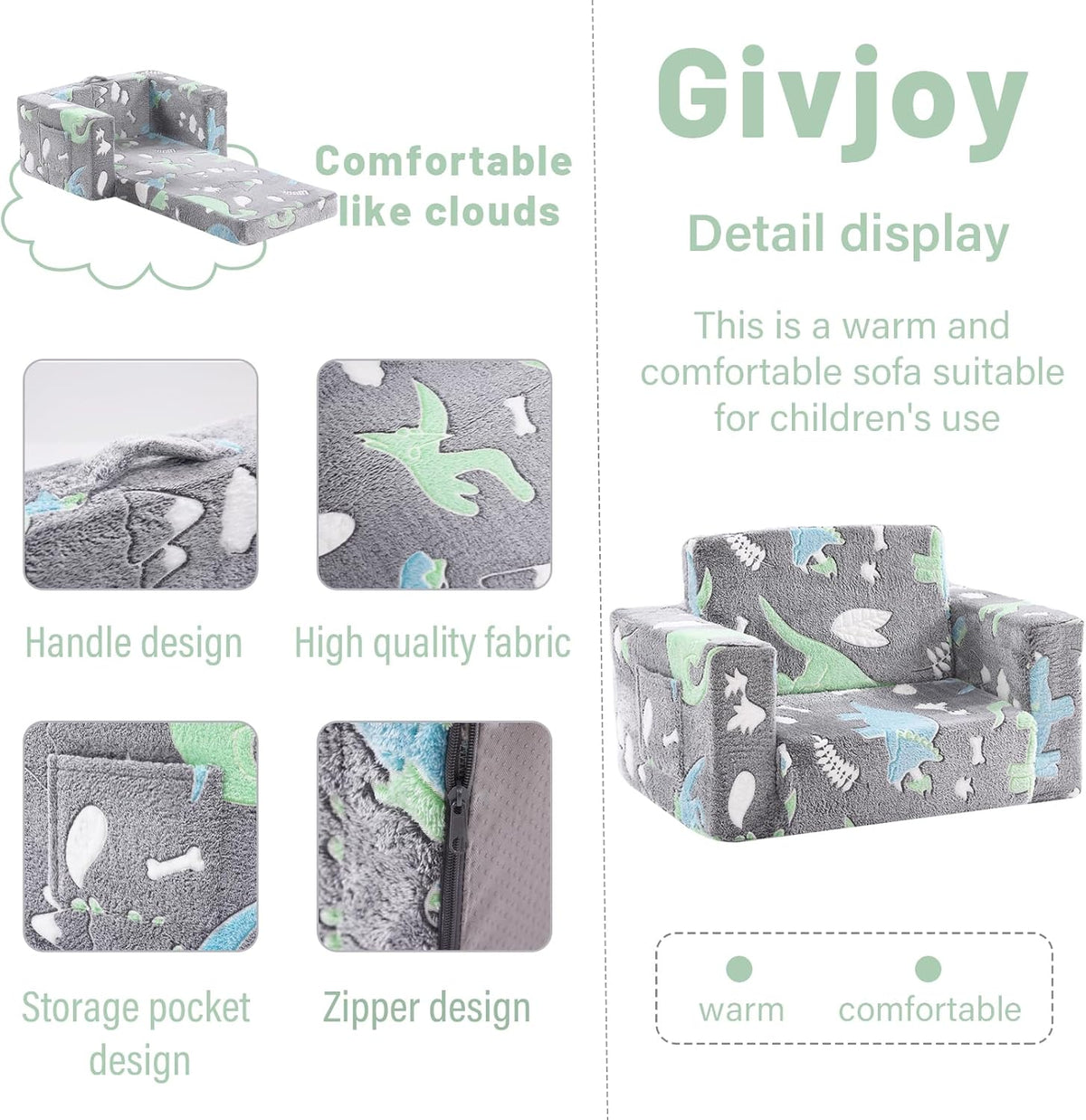 Toddler Chair Kids Couch, 2-in-1 Toddler Soft Sherpa Couch Fold Out Armchair with Removable Cover, Convertible Reading Chair Toddler Sofa for Kids, Glow in The Dark Plush Grey Dinosaur