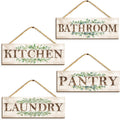 Bathroom Kitchen Laundry Pantry Sign Wall Decor 4 Piece, Wall Art with Plant Print, Rustic Farmhouse Wall Hanging Plaque Home Kitchen Decorative Bathroom, 4.7 x 13.7 inches