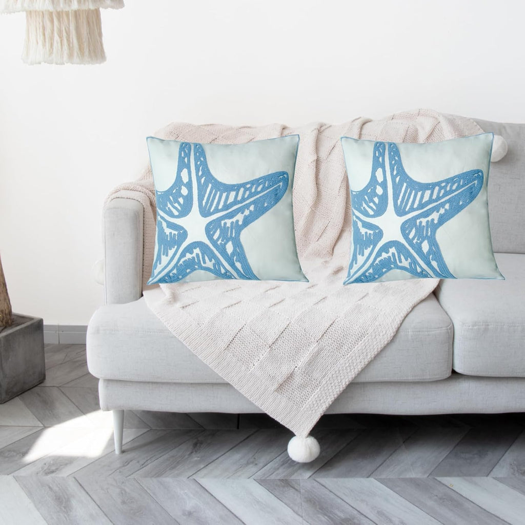 Embroidered Decorative Throw Pillow Cover, 18"x18" Set of 2, Farmhouse Pillowcase Blue Sea Star Knit Pattern Cotton Canvas Cushion Case Square Floral Pillow Case for Sofa Couch Bed Living Room