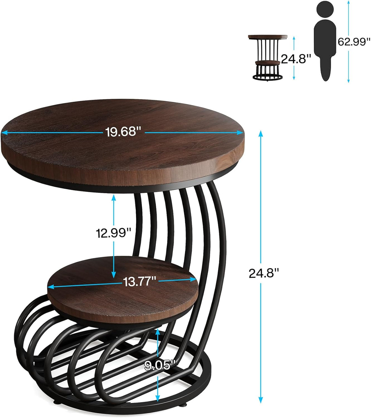 Tribesigns Round End Side Table: Side Table with 2 Tiers Storage Shelves, Vintage End Table for Living Room, Small Bedside Table Accent Table with Arc-Shaped Frame, Rustic Brown