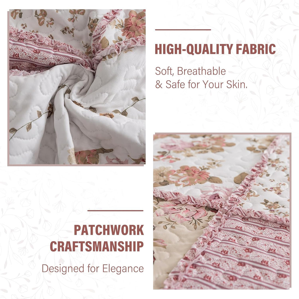 NEWLAKE Quilt Set King Size, Bedspread Sets Pink Botanical Floral, Reversible Quilt Bedding Set Lightweight and Breathable for All Seasons, Soft Quilted Bedspread with 2 Pillow Shams