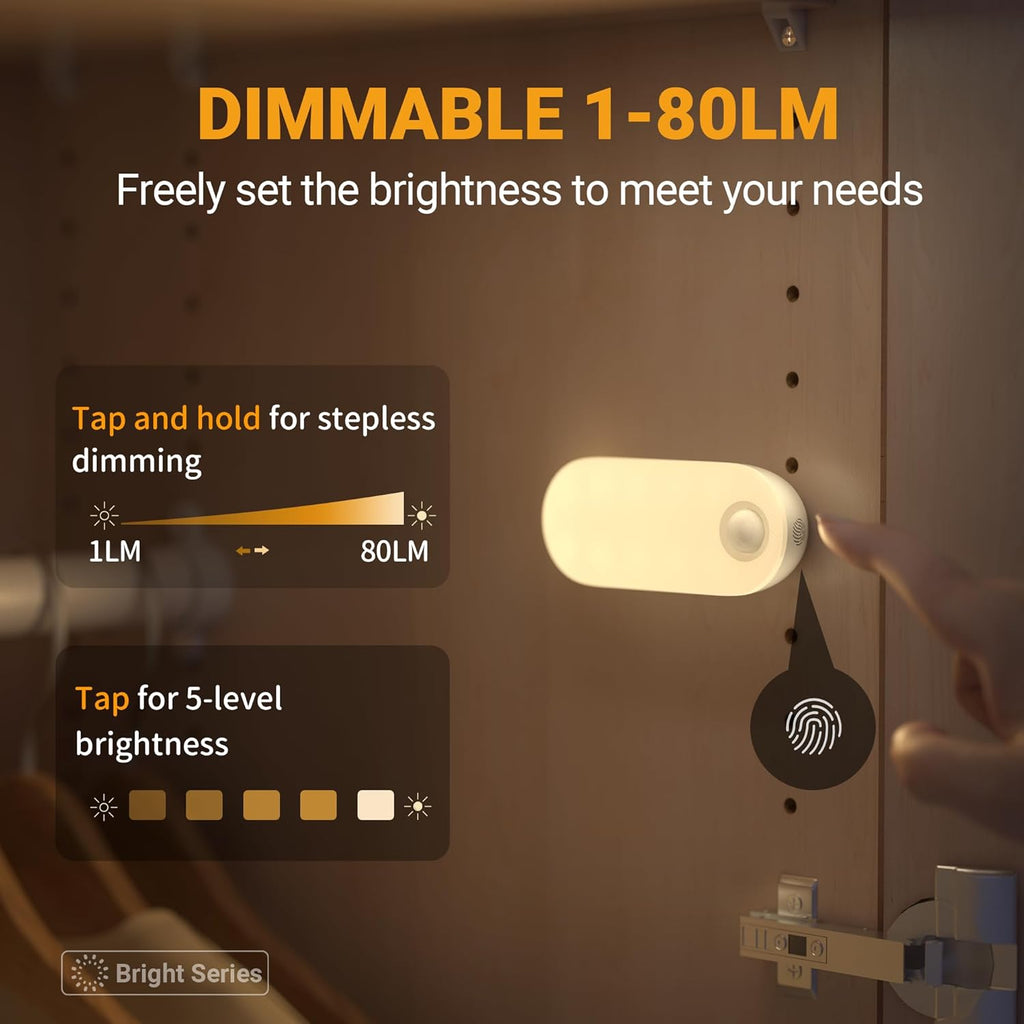 Lyridz Rechargeable Night Light with Motion Sensor, 1500mAh Battery Operated Nightlights, Stick-on LED Closet Light, 1-80LM Dimmable Brightness for Bathroom, Kitchen, Stairs, Hallway, 3 Packs