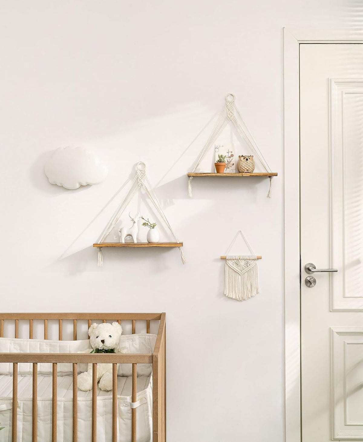 Mkono Macrame Hanging Shelves Boho Wall Decor Set of 2 Rustic Wood Floating Storage Shelf for Bedroom Bathroom Living Room Nursery Dorm Room, Display Shelving for Hanging Plants Photos