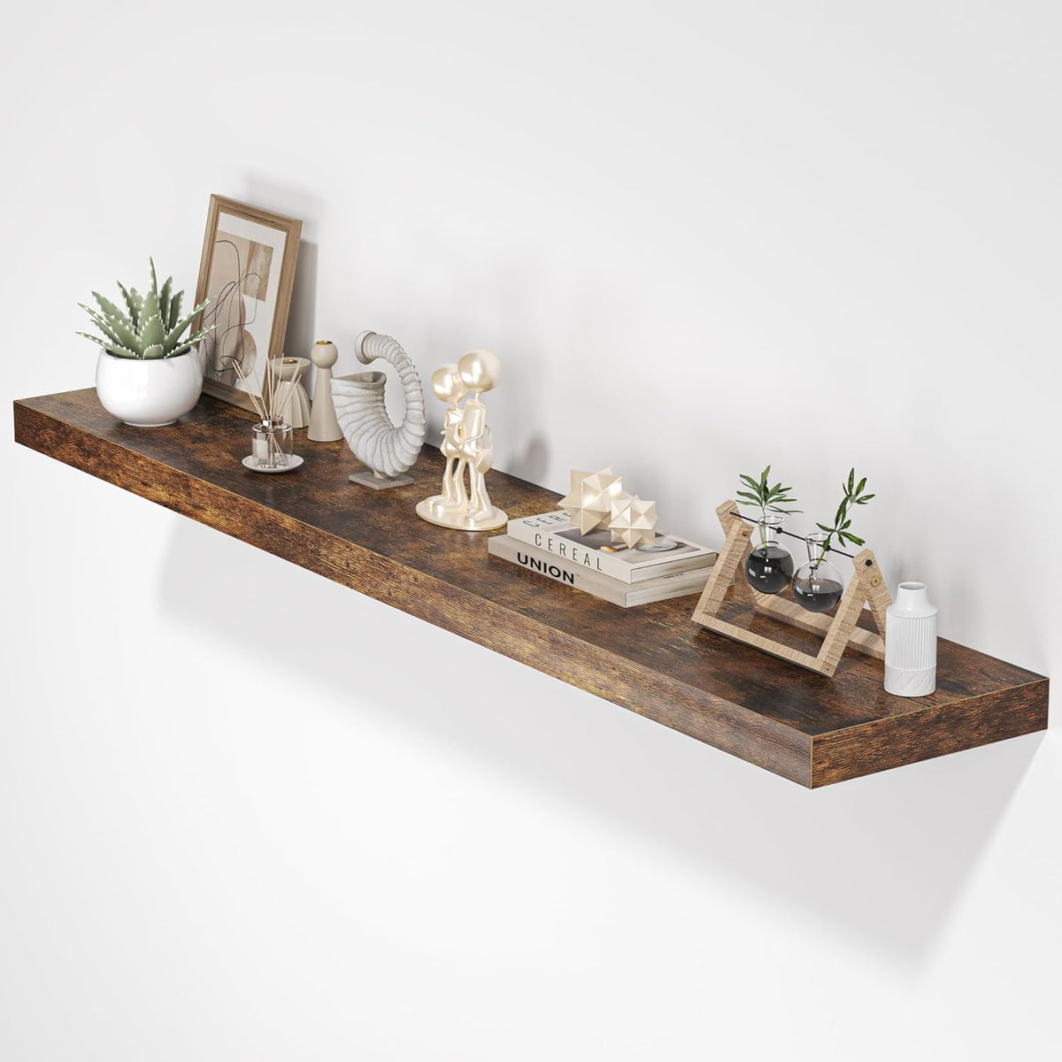 Floating Shelves for Wall, 55"W x 9.3"D x 1.5"H, Long Wooden Wall Mounted Display Shelf with Invisible Brackets for Living Room, Bedroom, Bathroom, Kitchen Decor & Storage,Set of 1,Rustic Brown