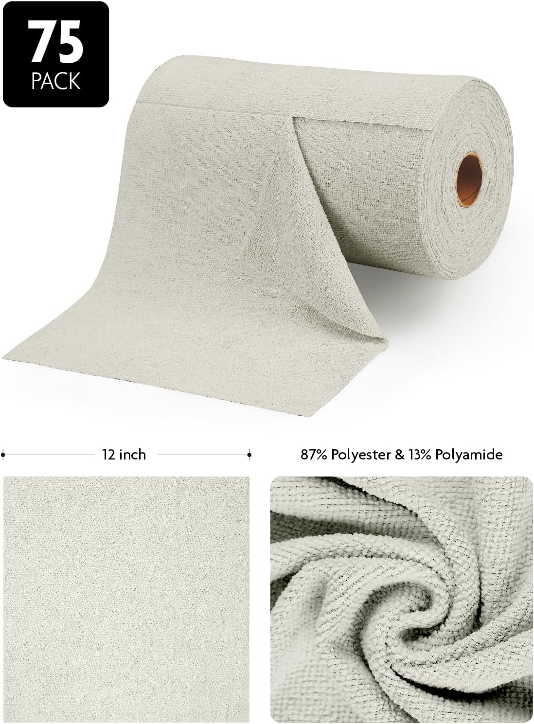 Fantasticlean Microfiber Cleaning Cloth Roll -75 Pack, Tear Away Microfiber Towels, 12" x 12", Reusable, Washable, Scratch Free, Ultra Absorbent Dish Rags for Car, Home, Garage or Shop (Cool Grey)