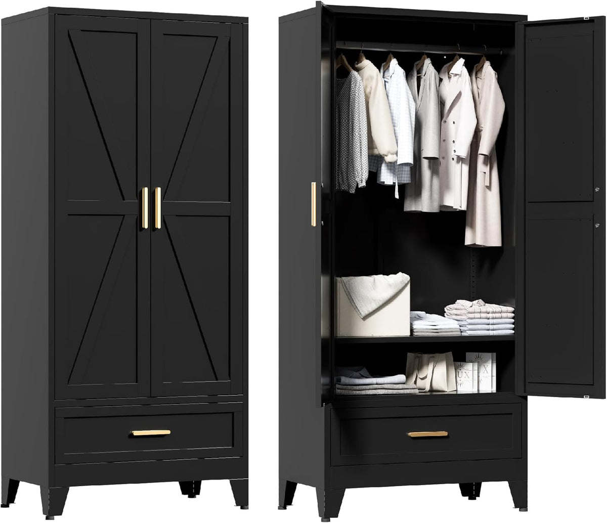 71'' Black Farmhouse Metal Wardrobe Cabinet with Hanging Rod, 2 Barn Door Wardrobe Closet with Adjustable Shelves,Drawer,for Dining Room,Bedroom,Living Room, Cloak Room,Office