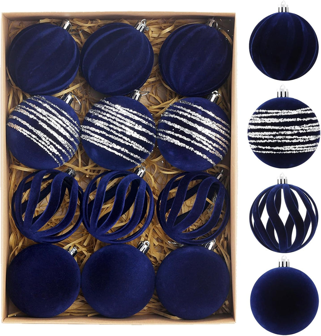 Christmas Ornaments Set of 12, 3.15" Flocked Velvet Balls with Hand Painted Designs, Navy Blue Elegant Christmas Tree Decorations in Gift Box