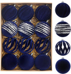 Christmas Ornaments Set of 12, 3.15" Flocked Velvet Balls with Hand Painted Designs, Navy Blue Elegant Christmas Tree Decorations in Gift Box