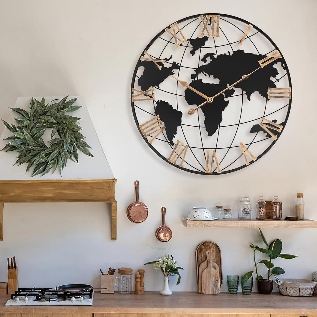 20 Inch Large Wall Clock for Living Room Decor,Big Modern Decorative Silent World Map Metal Wall Clock with Vintage Gold Roman Numeral for Office,Living Room,Kitchen,Dining Room