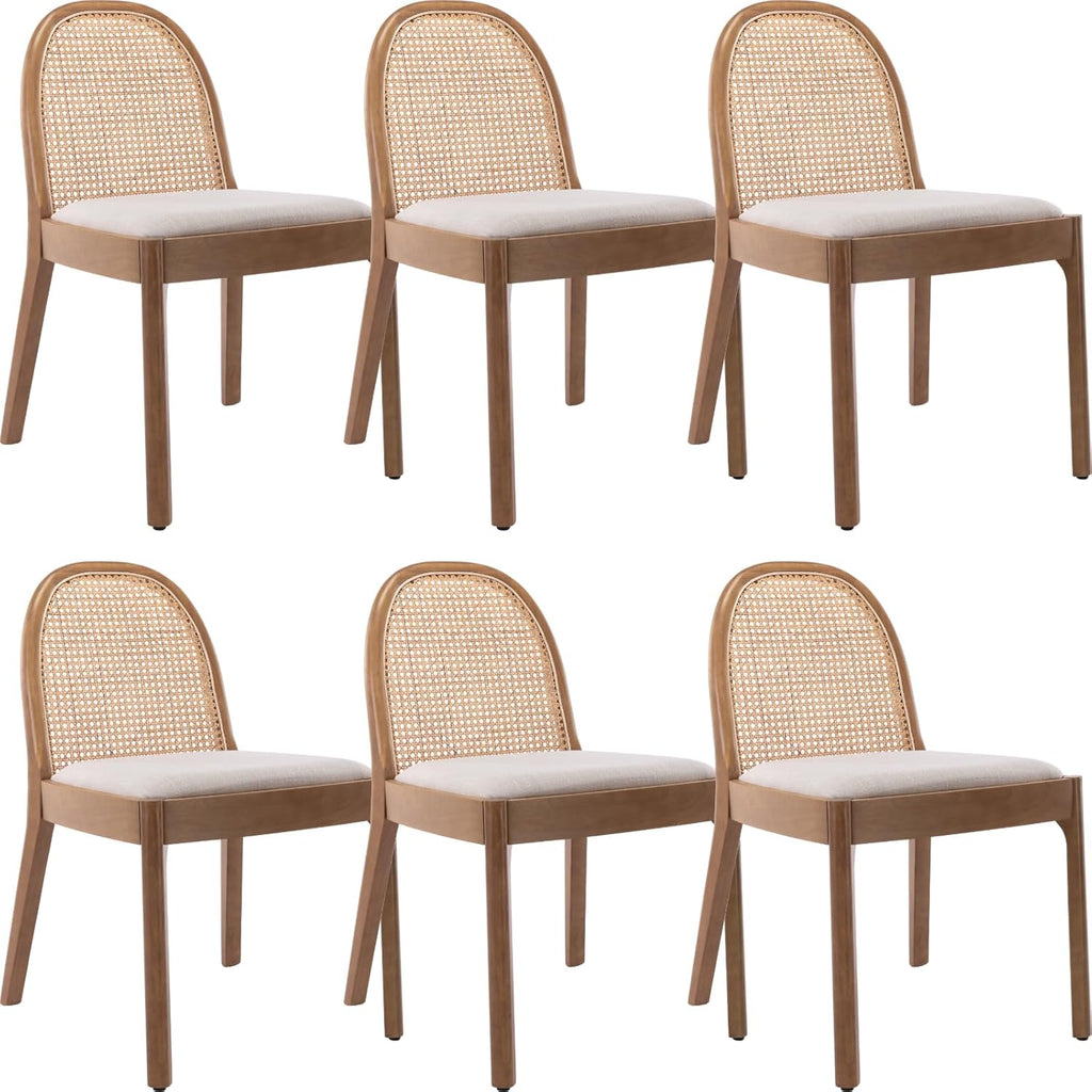 Mid Century Dining Chairs Set of 6, Accent Rattan Linen Fabric Side Chairs Kitchen Chair with Solid Wooden Legs for Living Room Dining Room, Beige