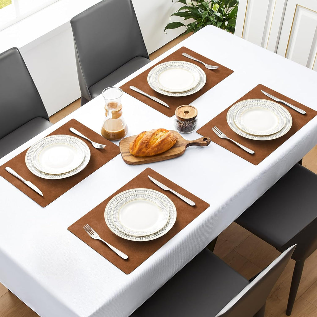 MOSAYT Vinyl Placemats Set of 6-12 X 17 Inch - Fall Faux Leather 100% Waterproof Oil-Proof Wipeable PU Place Mats, Heat Resistant Reversible Table Mats for Kitchen, Dining, Outdoor (Reddish Brown)