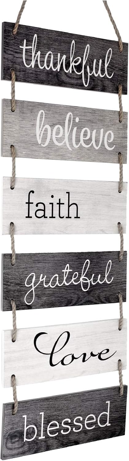 EXCELLO GLOBAL PRODUCTS Large Hanging Wall Sign: Rustic Wooden Decor (Grateful, Love, Believe, Thankful, Faith, Blessed) Hanging Wood Wall Decoration (11.75" x 32")