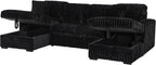 THSUPER Oversized U Shaped Plush Corduroy Fluffy Sectional Sleeper Sofa with Pull Out Bed and Double Storage Chaise for Living Room - Black