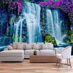 FENDROM Waterfall Tapestry Purple Forest Wild Flowers Floral Mountain Jungle Plants Nature Landscape Wall Hanging Bedroom Living Room Hanging Decorative Blanket
