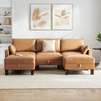 5 Seater Faux Leather Sofa Couch, 98'' L Shape Sectional Couch, Mid Century Modern Decor, Office Sectional Sofa Bed, for House, Apartment, Living Room, Tan