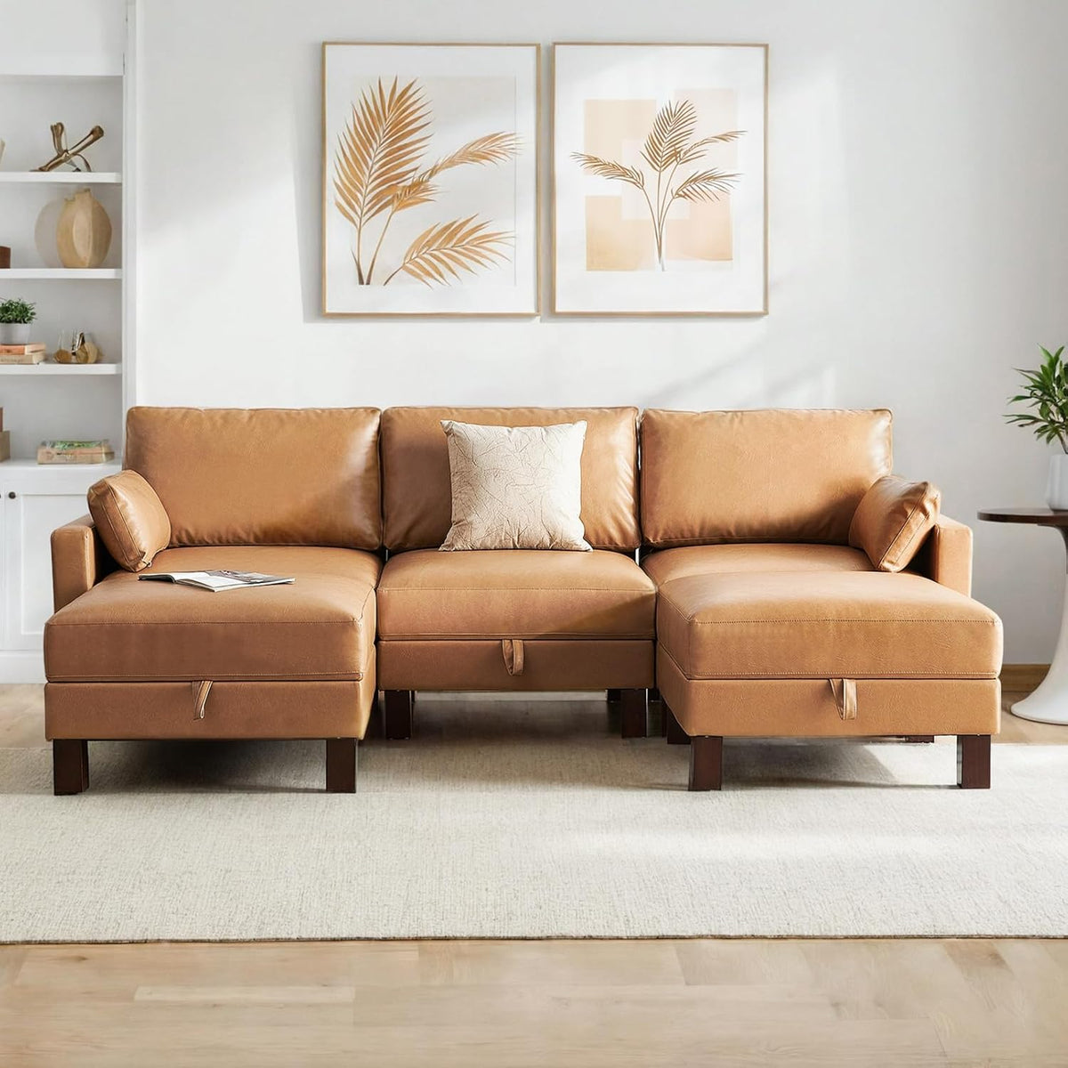 5 Seater Faux Leather Sofa Couch, 98'' L Shape Sectional Couch, Mid Century Modern Decor, Office Sectional Sofa Bed, for House, Apartment, Living Room, Tan