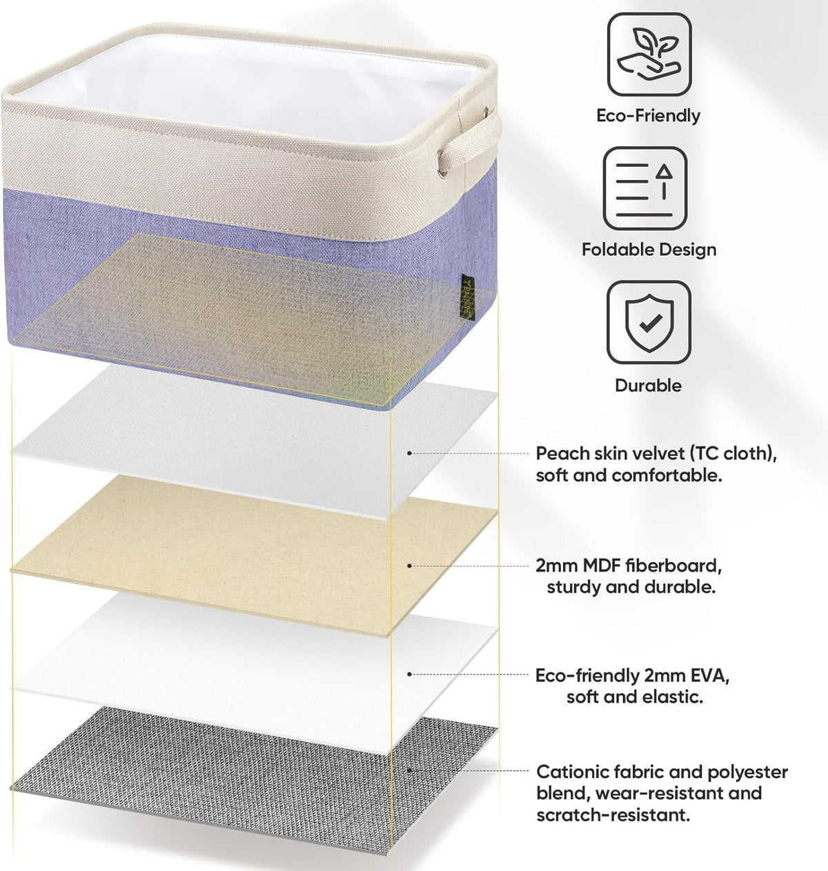 BALEINE 1 Pack Fabric Storage Bins for Shelves, Linen Storage Baskets for Organizing, Decorative Closet Bins for Clothes, Home (Lavender, 12"x8"x8")