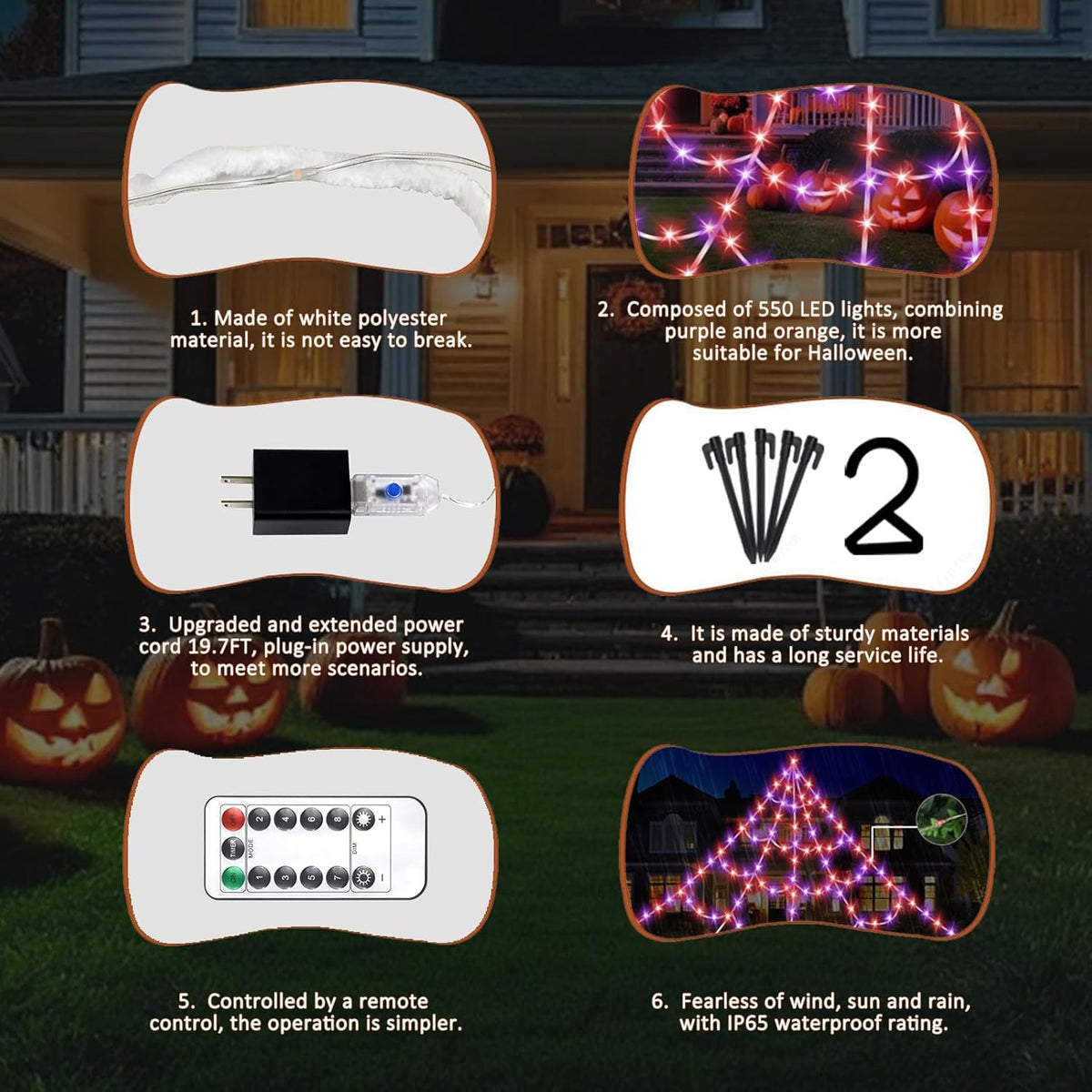 Halloween Spider Web Lights 550 LED Lighted Spider Web 16.4Ft Giant Halloween Decorations Light up with 8 Lighting Modes Waterproof & Timer for Indoor Outdoor House Haunted Yard Decor, Purple & Orange