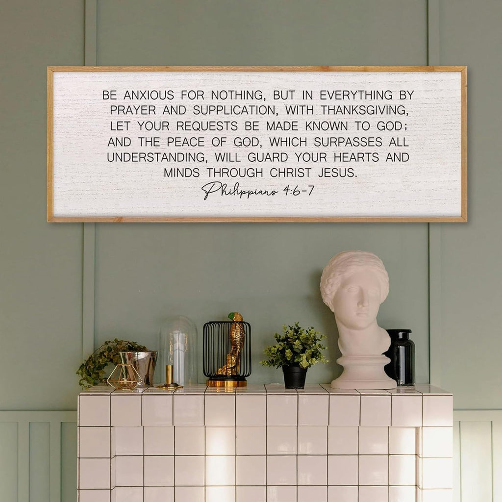 LuZhiQiang Be Anxious for Nothing Wall Decor 40"×15" Philippians 4:6-7 Bible Verse Sign Large Christian Scripture Wood Framed Hanging Decor (Wood)