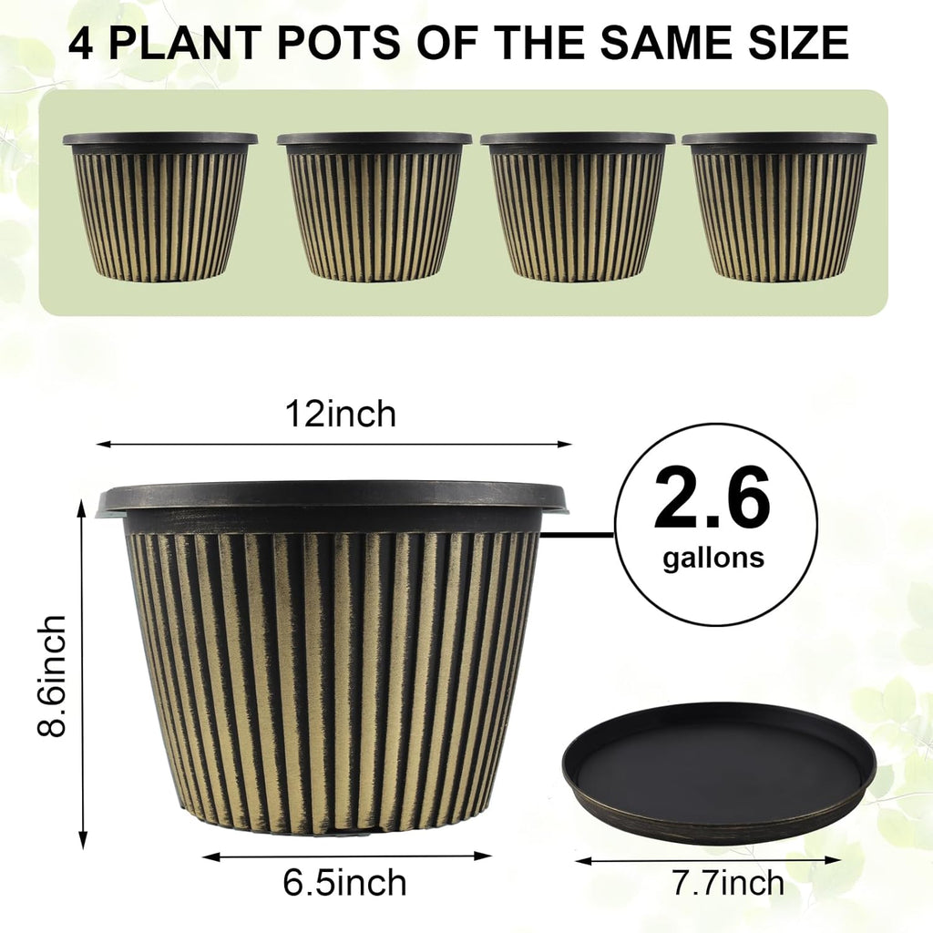 12 inch Planter Indoor Outdoor Plant Pots, 4 Pack Large Plastic Flower Pots with Saucer and Drainage Holes, Decorative Modern Garden Pots for Houseplants