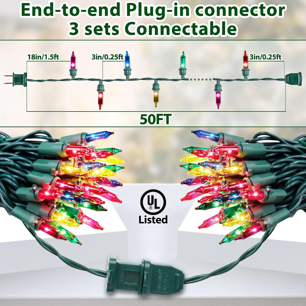 Multicolor Christmas Lights String 50FT 200 Count Incandescent Bulbs Mini Lights with Green Wire for Christmas Tree, Garland, Wedding, Party, Home, Indoor & Outdoor Festival Decoration