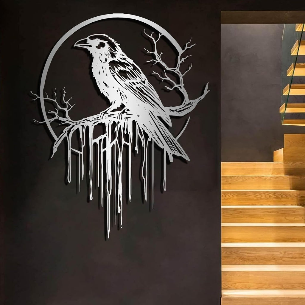 Crow Metal Wall Decor, Raven Wall Art, Large Gothic Raven Decor Hangings, Bird Wall Decor, Metal Tree Branch Decor, Ravens Sign, Raven Art for Living Room (Black, 24"x19" | 60x48cm, metal wall art)
