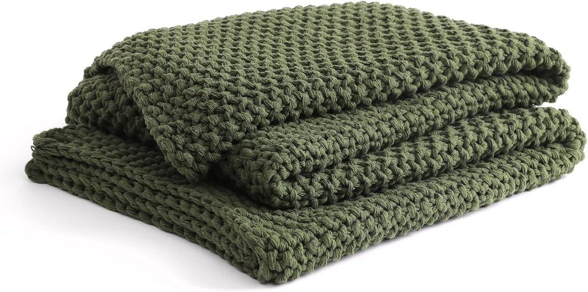 YnM Chunky Cotton Knit Throw Blanket, Cable Knit Throws for Bed Couch Sofa, Comfy & Relaxing, Decorative Piece for Farmhouse Modern Boho Rustic Scandinavian Chic Vibe, Pine Green 50x60 Inches