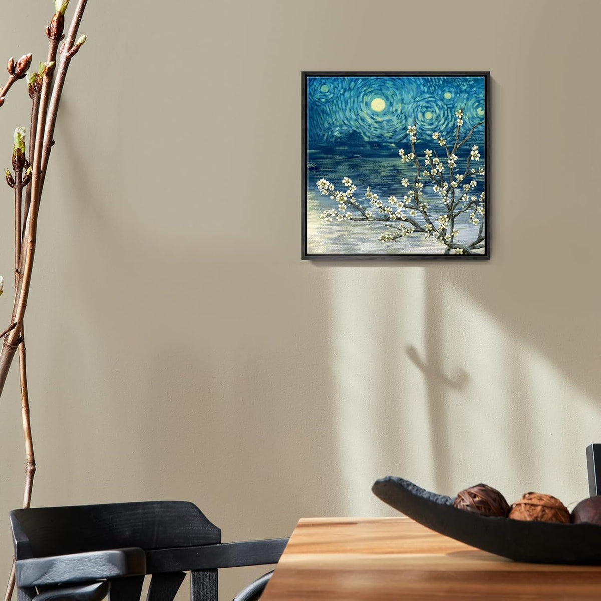 Framed Wall Art Bathroom Décor Modern Floral Tree Canvas Picture Plum Blossom Starry Night Flower Canvas Print Abstract Lake Blue Teal Yellow Painting for Modern Living Room Bedroom Office Décor Small