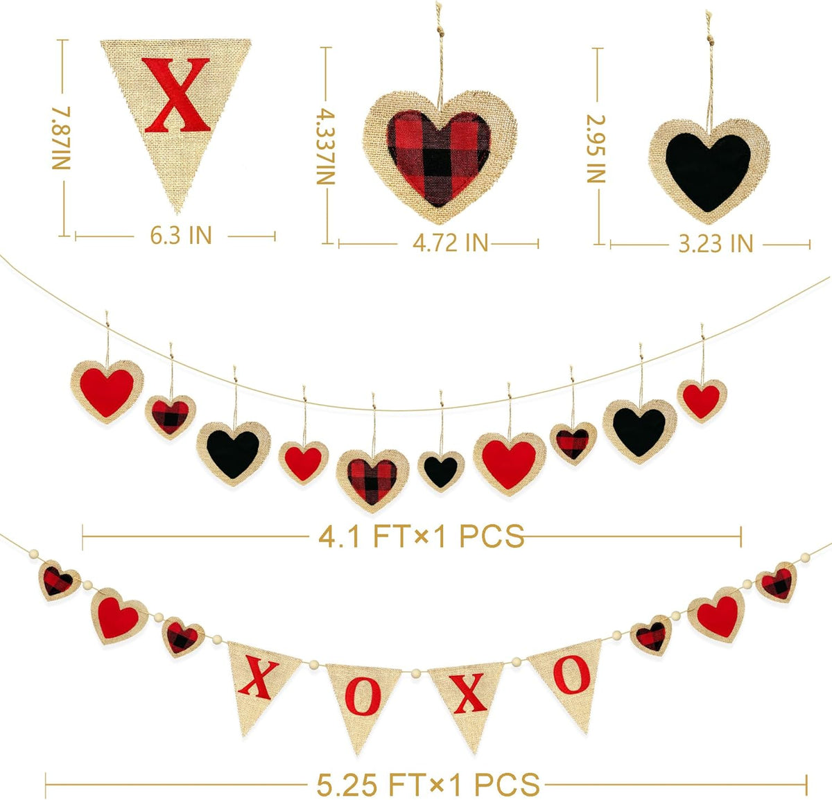 Valentine’s Day Party Decorations Felt XOXO Sign Triangle Pennant Banner Flag Buffalo Plaid Red Black Heart Burlap Garland with Wood Beaded for Wedding Birthday Valentine’s Day Party Supplies