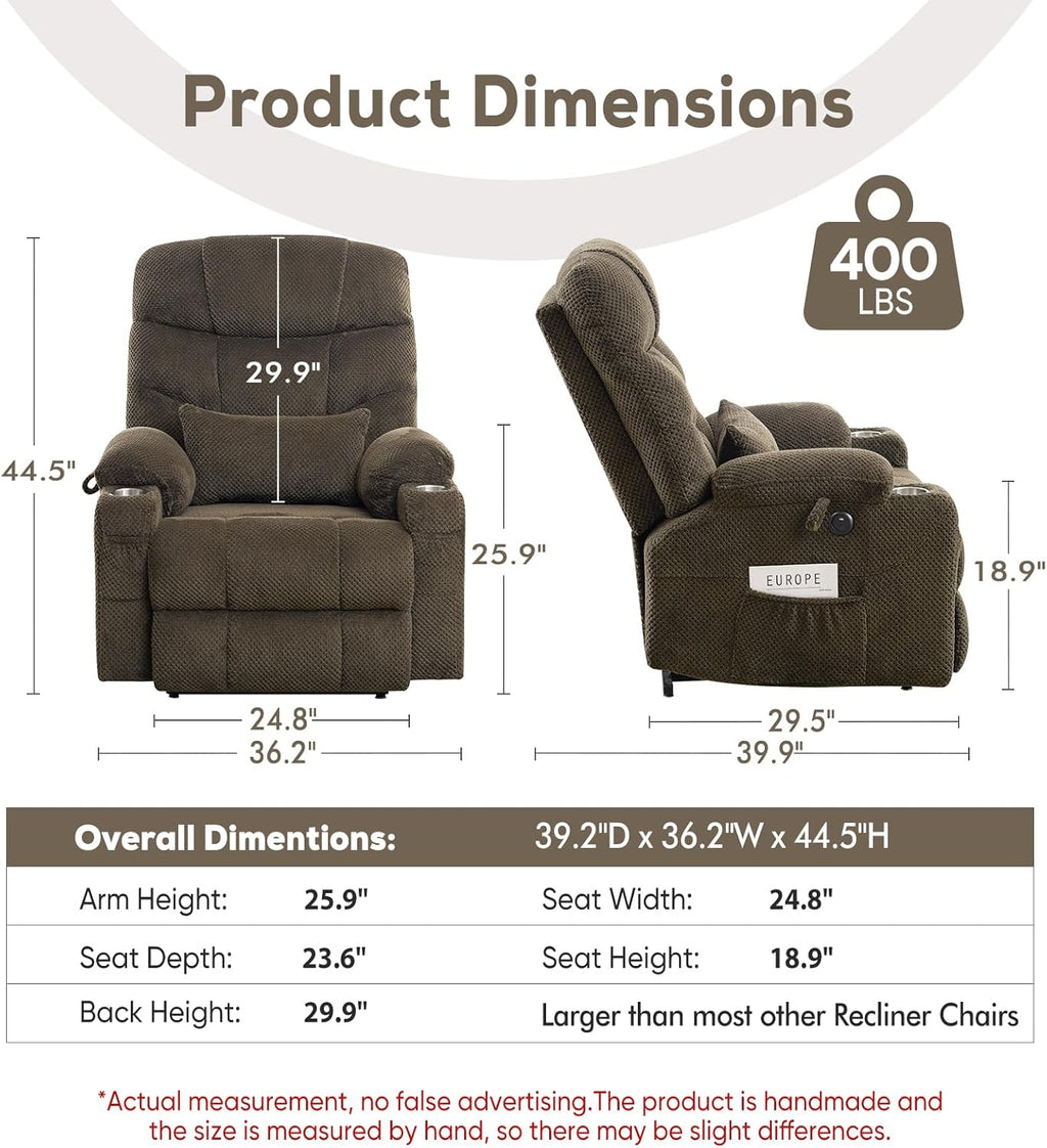 Oversized Dual Motor Lay Flat Power Lift Recliner Chair with Massage, Heating, Lumbar Pillow, USB & Type-C Ports, Textile Lift Chairs Recliners, Large Recliner for Big & Elderly People - Brown