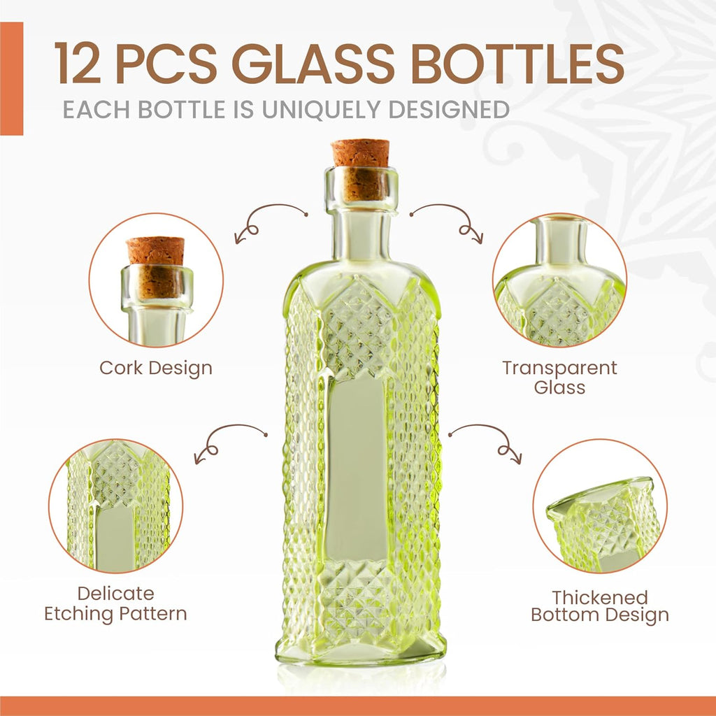 Small Mini Green Vintage Glass Bottles with Corks, Mini Vases, Decorative, Potion, Assorted Design Set of 12 pcs, 4.6 Inch Tall (11.43cm), 1.4 Inch Wide (3.56cm)