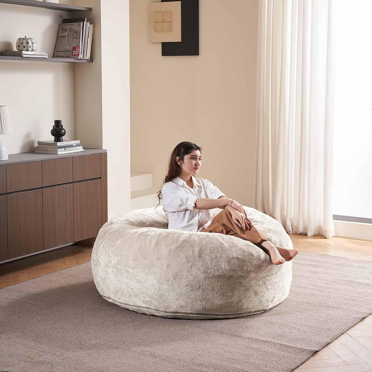 4FT Large Bean Bag Chairs,Big Adult Size Memory Foam Beanbags with Filler Included,Machine Washable corduroy cover,Ultra Soft Plush Gaming Bing Bag Puff Chair for Dorm, Living Room & Bedroom (Apricot)