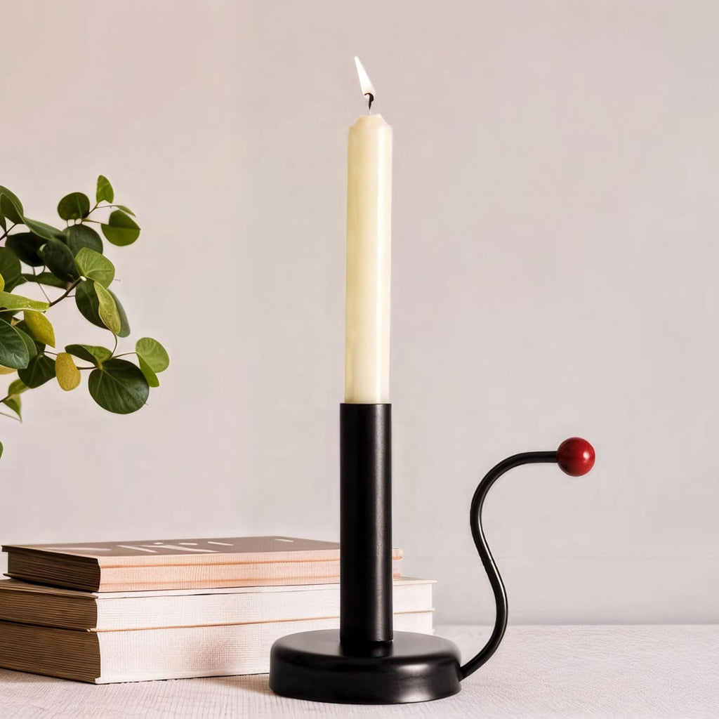 Black Iron Taper Candle Holder，Vintage Candlestick Holder Candlelight Stand for Farmhouse Decor Table Decoration (Black-Red)