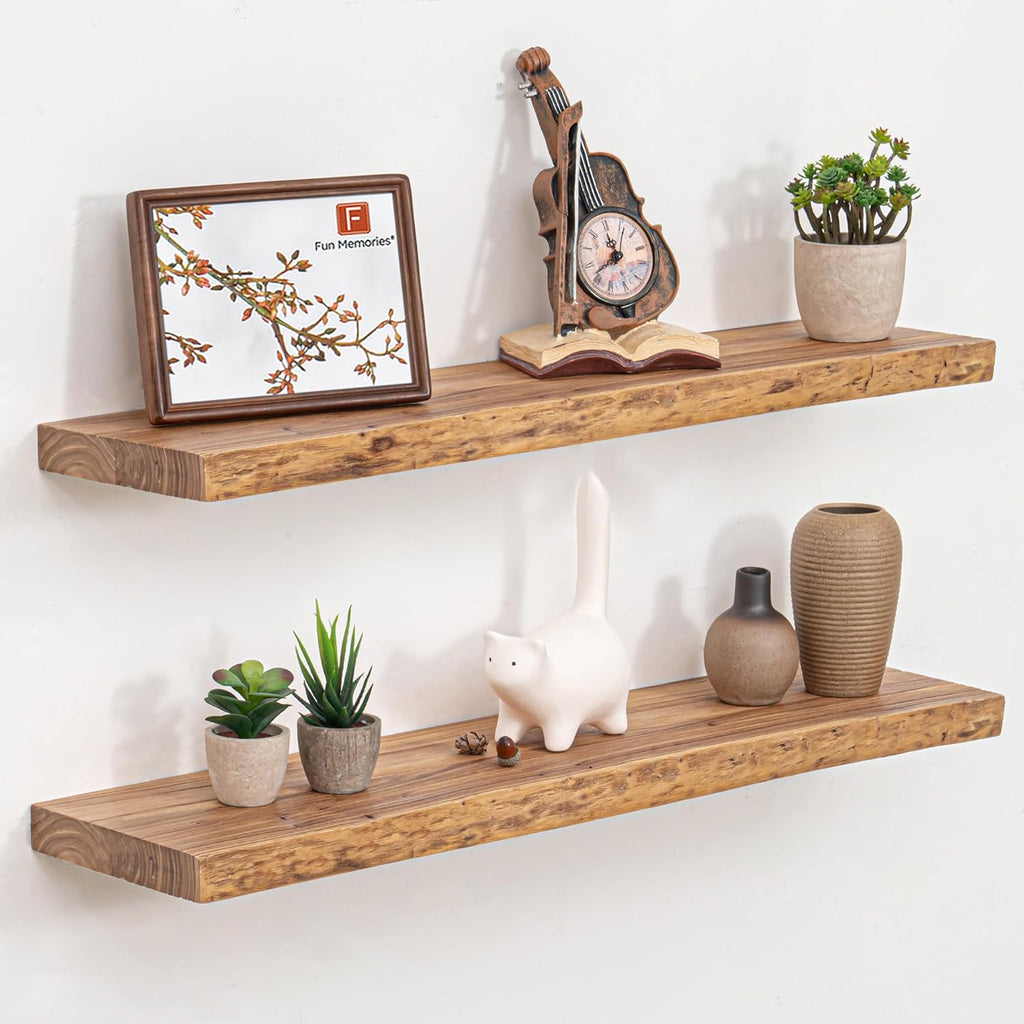 Floating Shelves for Wall, 32" Live Edge Solid Elm Wood Floating Shelf, Wall-Mounted Display Shelves with Invisible Heavy-Duty Metal Bracket, Floating Shelf for Kitchen (Natural, Set of 2)