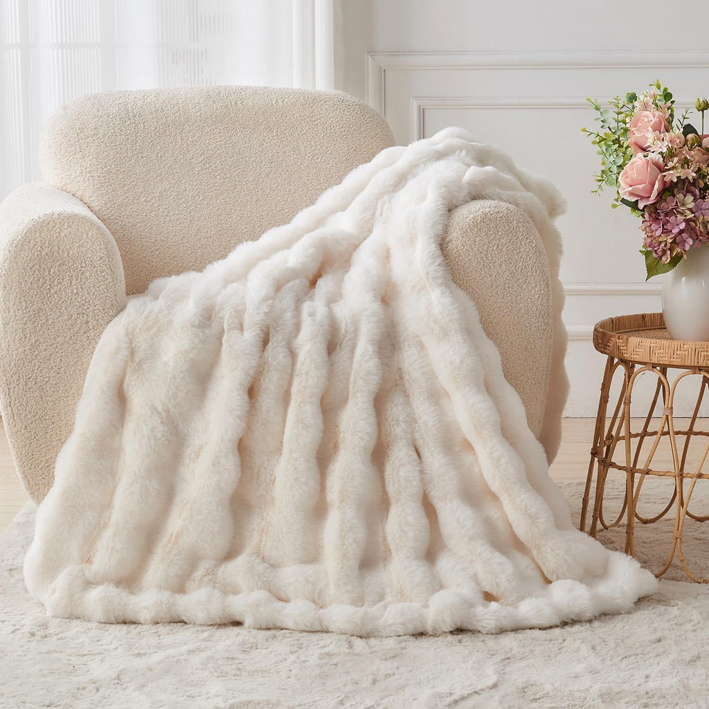 Lotus Karen Faux Fur Blanket - Cream White Twin Size, Big Bubble Rabbit Fluff, 60x80 Inches