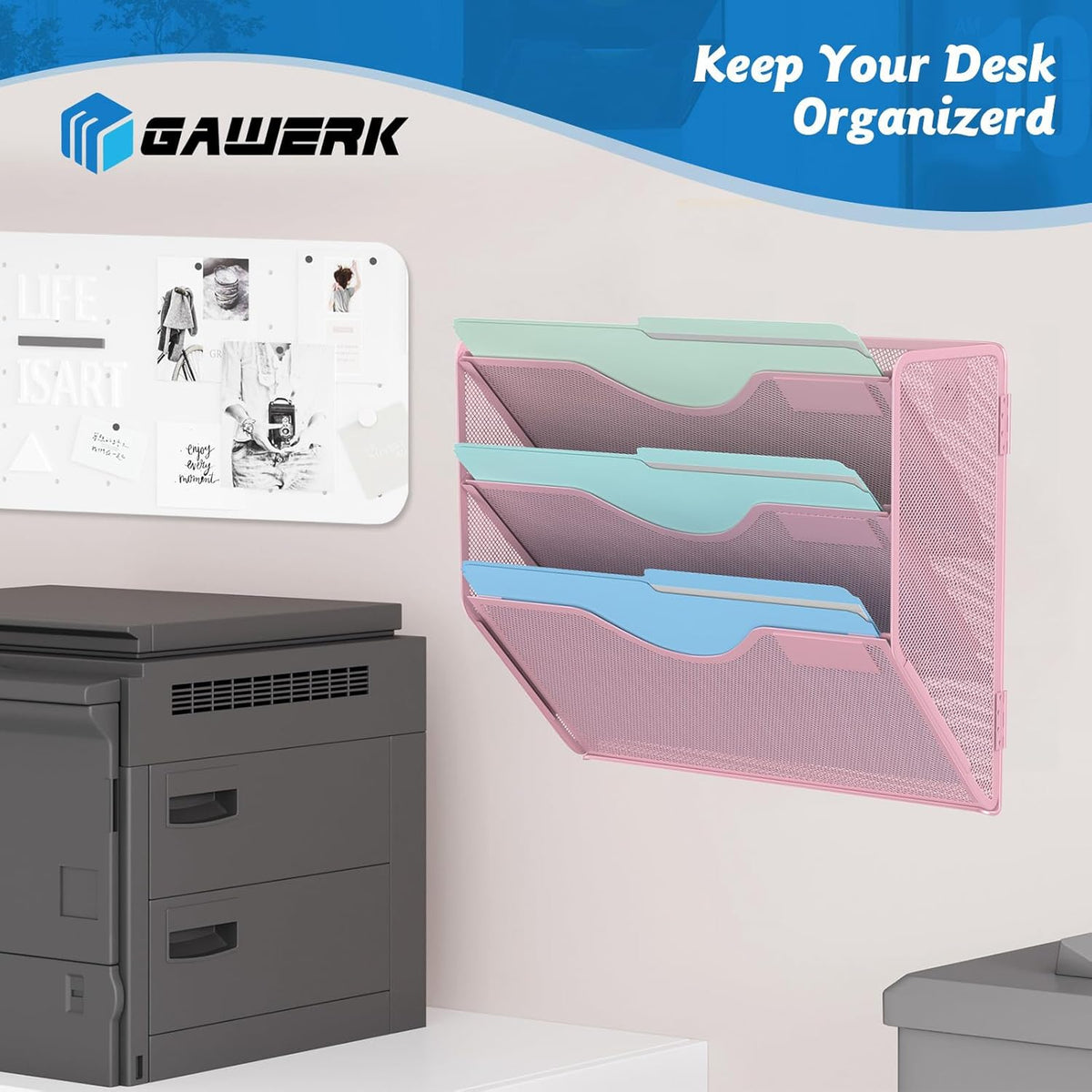 3 Tier Hanging Wall File Organizer, Mesh Mail Paper Orgnization Hanging File Folder Holder for Home Office, Pink