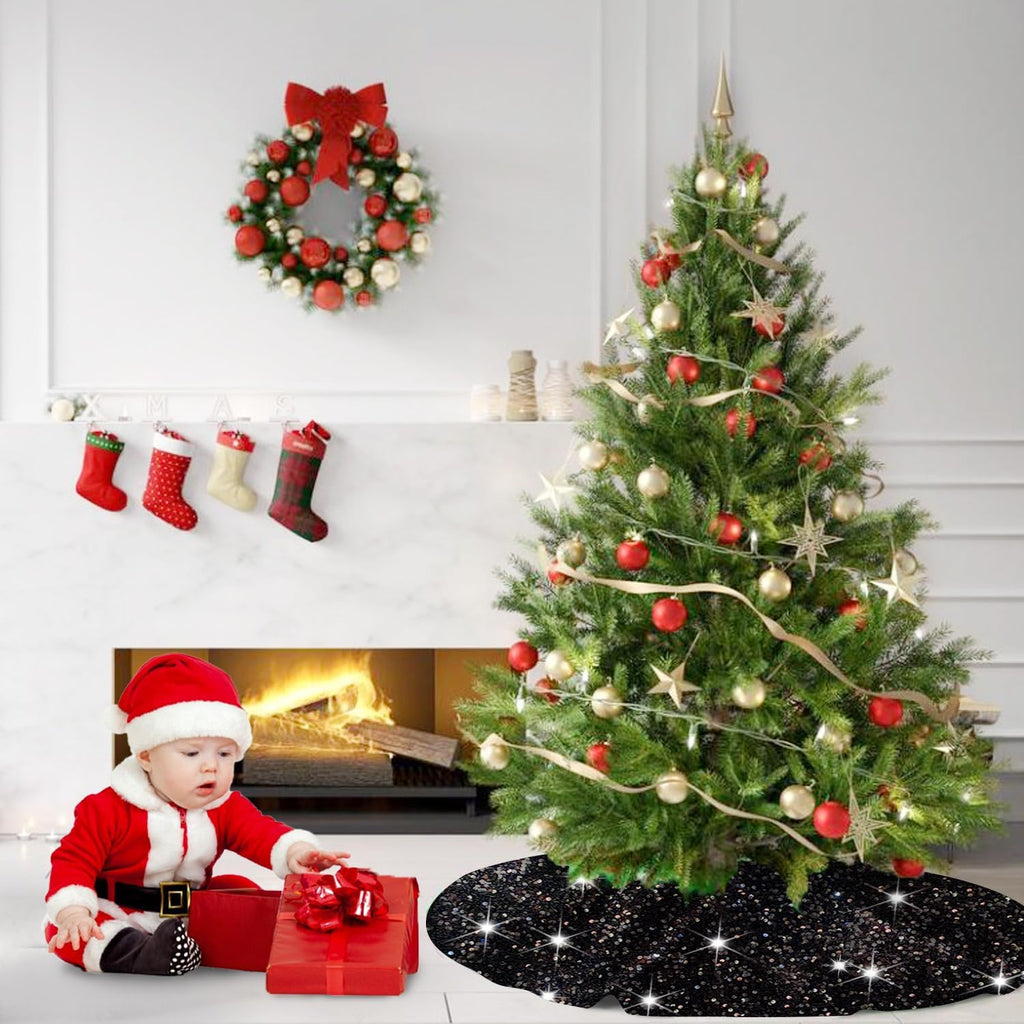 Christmas Tree Skirt 46 Inch Black Xmas Tree Skirt Soft Fabric Tree Skirts Christmas Decorations for Halloween New Year Round Velvet Tree Cover Skirt Sequin Metallic Tree Floor Base Luxury Tree Mat