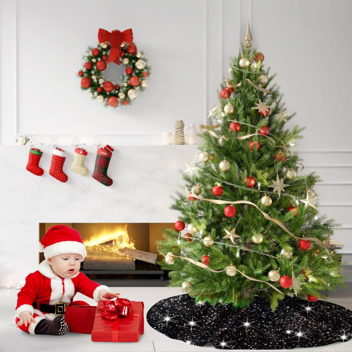 Christmas Tree Skirt 46 Inch Black Xmas Tree Skirt Soft Fabric Tree Skirts Christmas Decorations for Halloween New Year Round Velvet Tree Cover Skirt Sequin Metallic Tree Floor Base Luxury Tree Mat