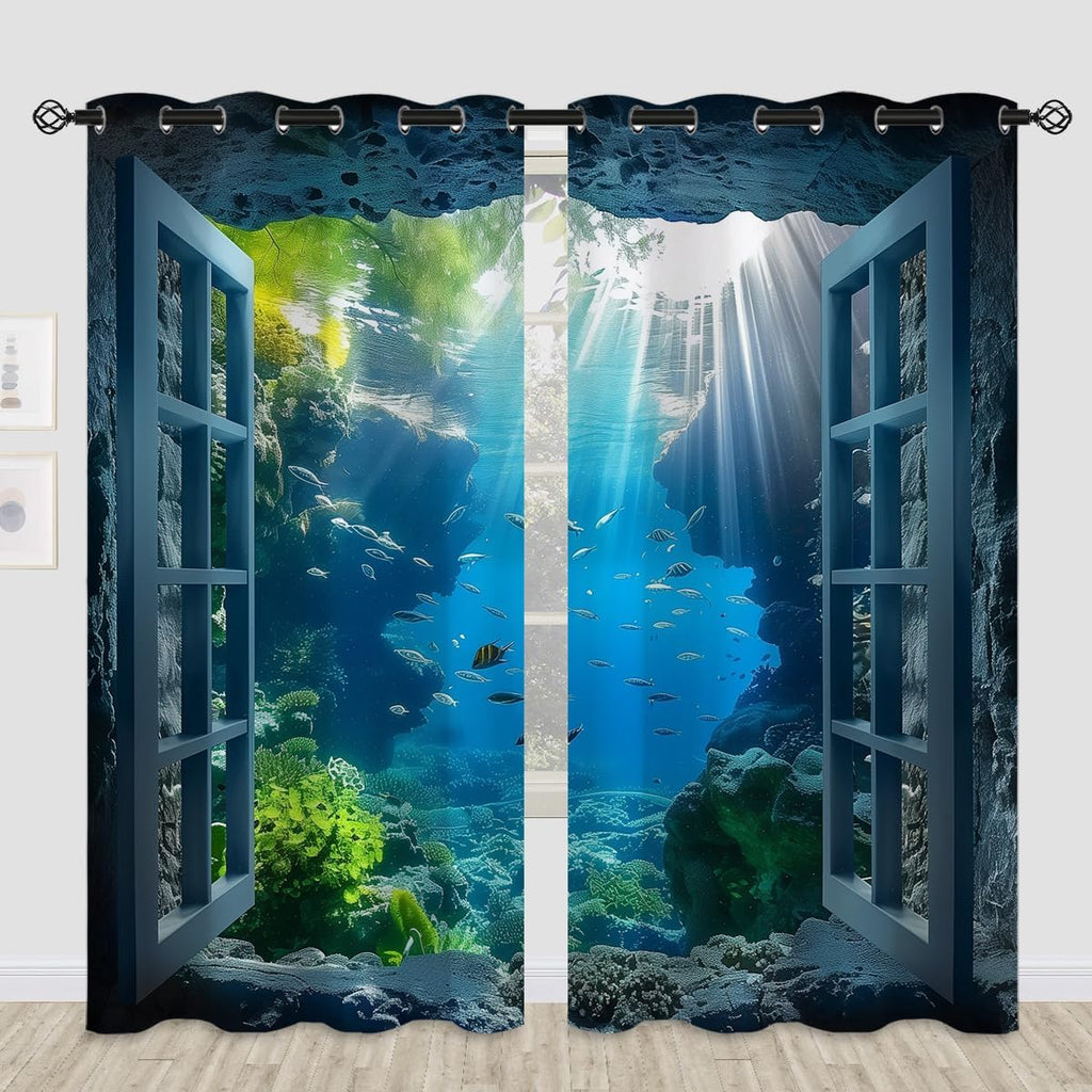 Ocean Fishs Blackout Curtains for Girls Boys Home Decor, Underwater Tropical Fish Undersea Coral Grommet Thermal Insulated Drapes Darkening Window Curtain for Bedroom Living Room, 84 x 84 Inch