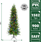 Fraser Hill Farm 9-Ft. Carmel Pine Slim Artificial Christmas Tree with Dual Multicolor & Warm White LED Lights and Stand, Prelit Foldable Fake Tree with Realistic Foliage for Home Decoration