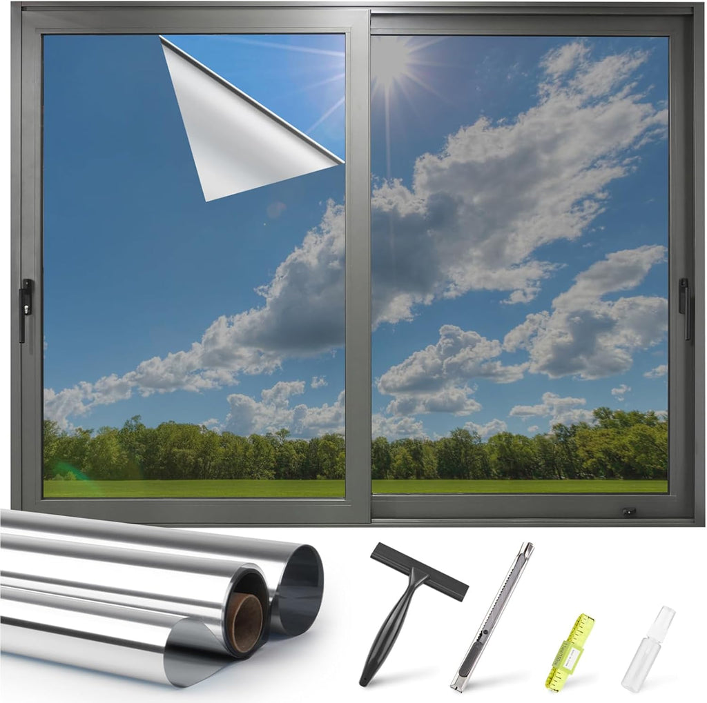 Kromapolis One Way Window Privacy Film Reflective Mirror Home Window Tint, Daytime Privacy Heat Control Anti UV Glass Tinting Static Cling (Silver, 35.4 x 314.9 inch)