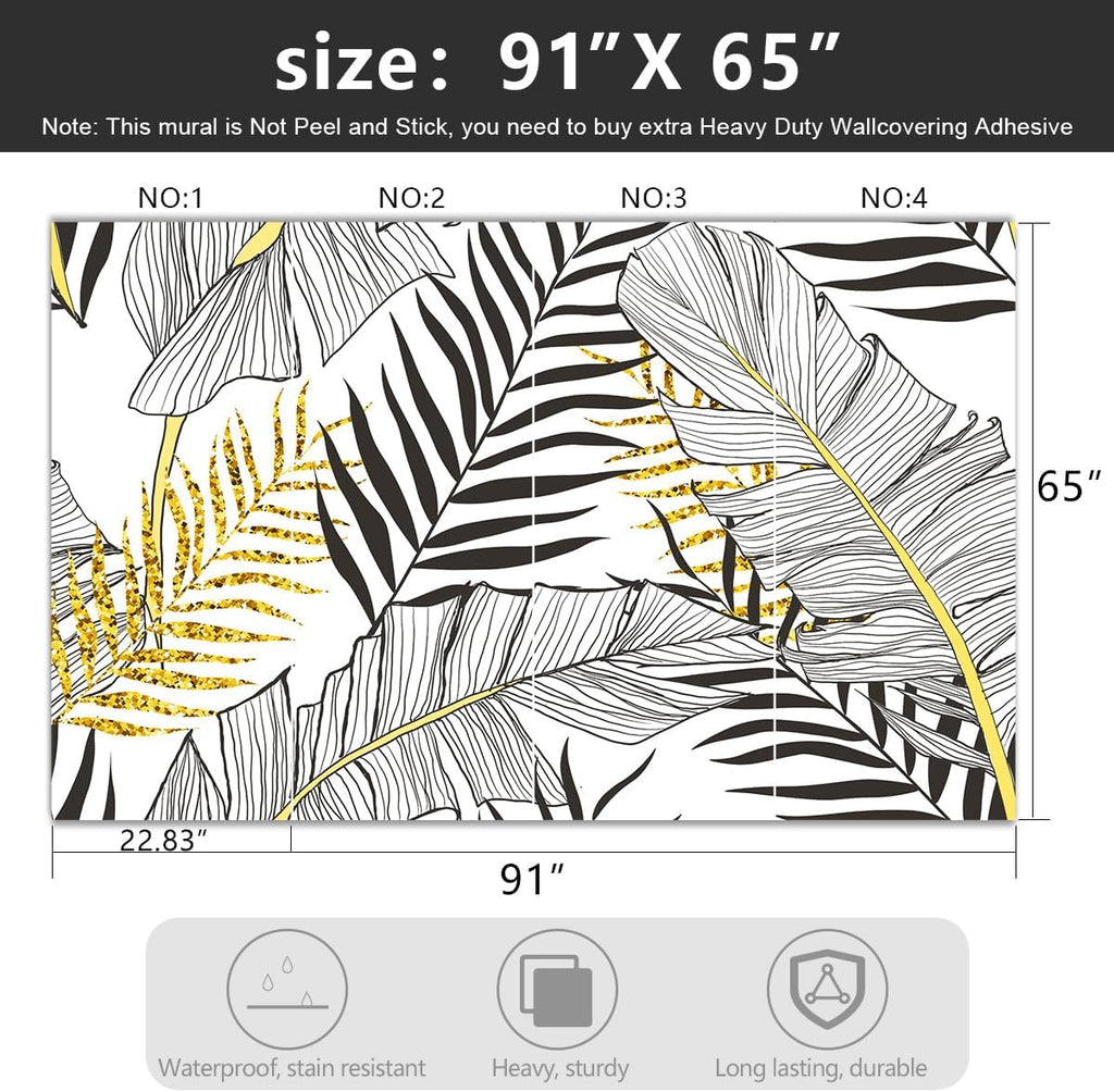 -Black and Gold Tropical Botanical Banana Leaf Fabric Wallpaper Living Room Bedroom Bathroom Abstract Plant Wall Mural- 91"x65"（ not Peel and Stick）