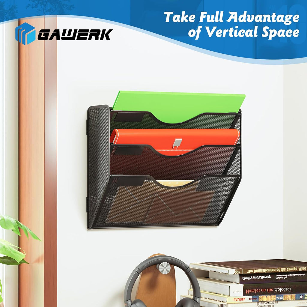 3 Tier Hanging Wall File Organizer, Mesh Mail Paper Orgnization Hanging File Folder Holder for Home Office, Black