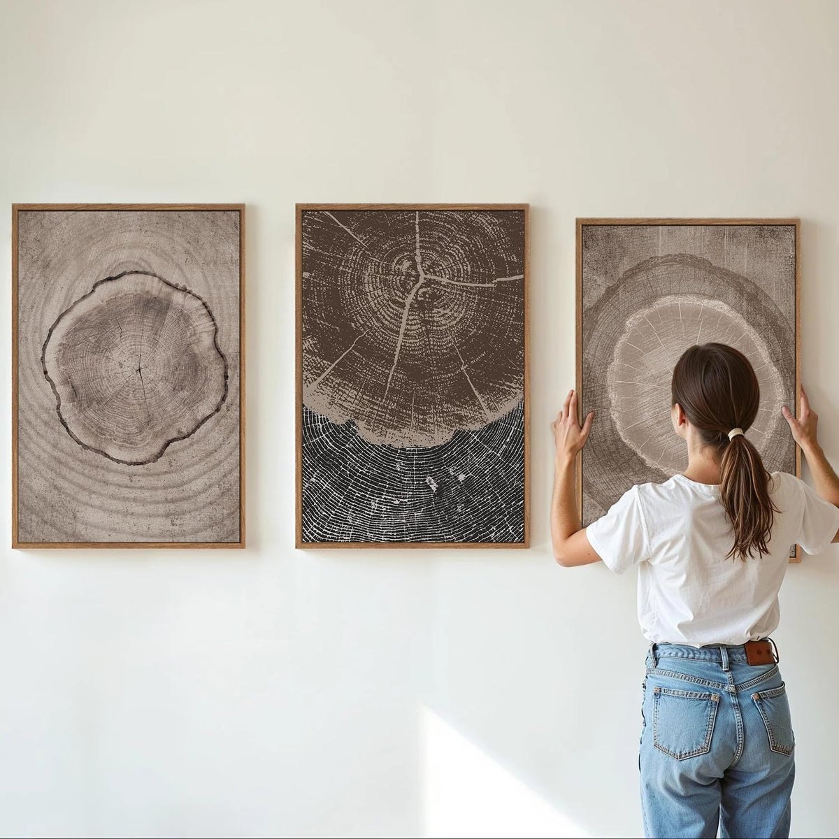 SIGNINART Beige Tree Ring Framed Canvas Wall Art Set, Abstract Black and White Rustic Wood Wall Decor, Neutral Wood Stump Artwork, Modern Art Prints for Bedroom Living Room Office 16"x24"x3