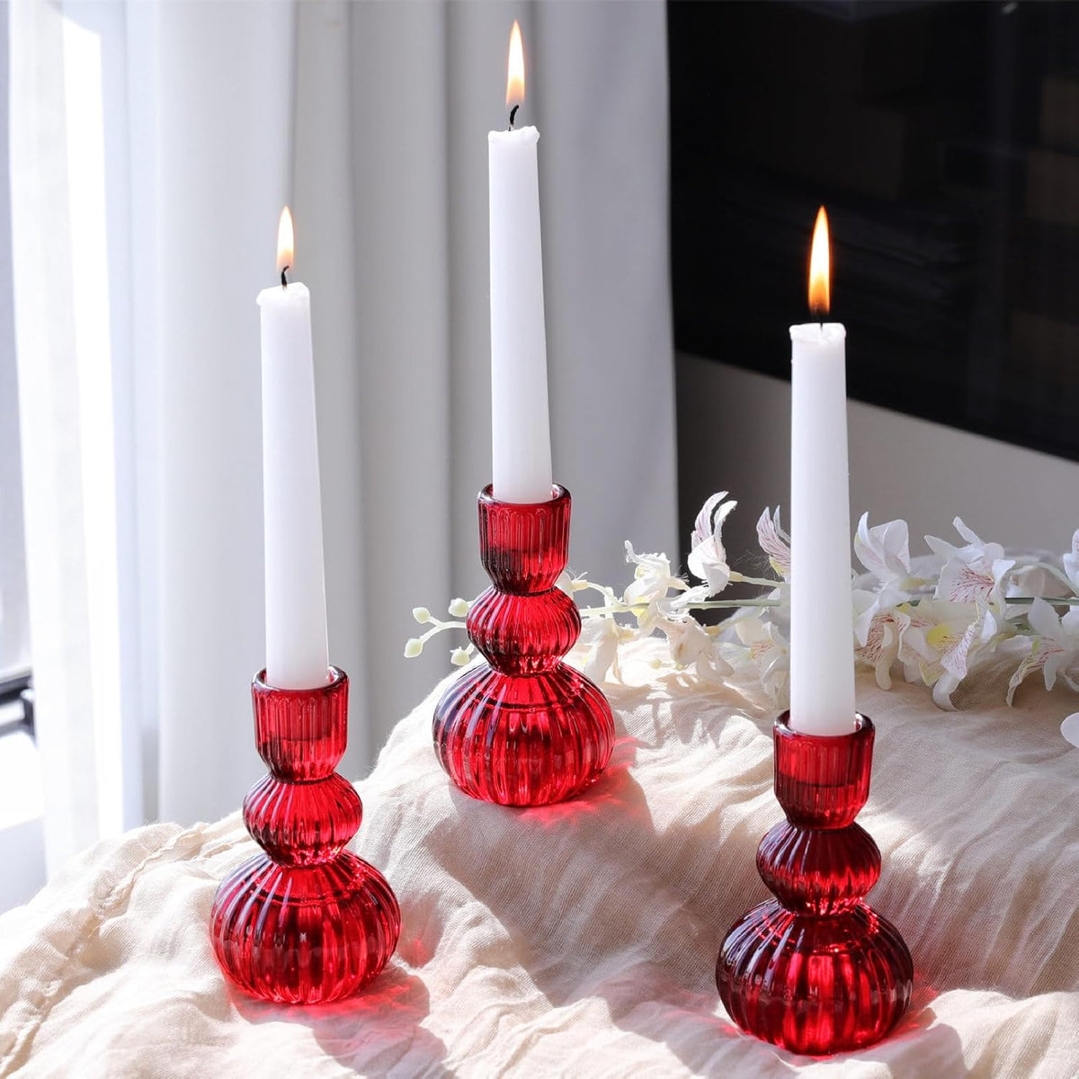 Woho Red Candlestick Holders Set of 3 for Christmas Decorations, 4.3" H Vintage Ribbed Taper Candle Holders for Dining Table, Glass Candle Sticks Holder Decor for Valentines Day/Patriotic Holidays