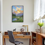 The mountain stream and lawn scenery under the sun is suitable for posting in the living room bedroom office landscape poster wall painting