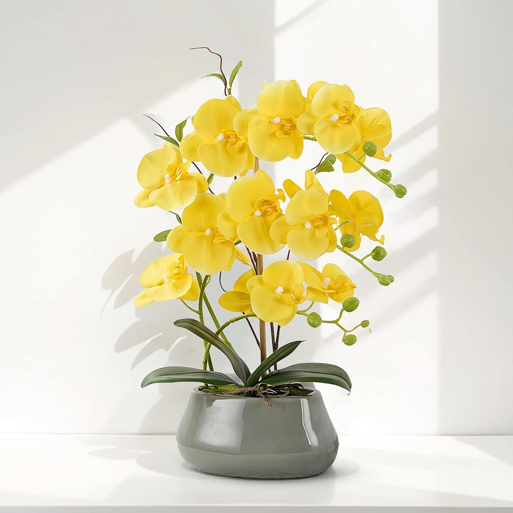 Orchid Artificial Flowers with Gray Vase Large Silk Faux Phalaenopsis Flowers for Dining Room Table Floral Centerpieces Indoor Decoration,Yellow