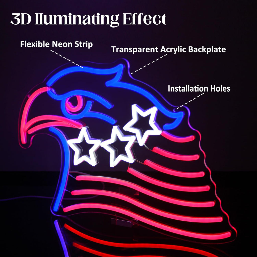 Patriotic Eagle Flag Neon Sign USA Stars and Stripes LED Sign for Wall American Flag Neon Lights Signs for Bedroom Memorial Day 4th of July Independence Day American Eagle Day Decorations