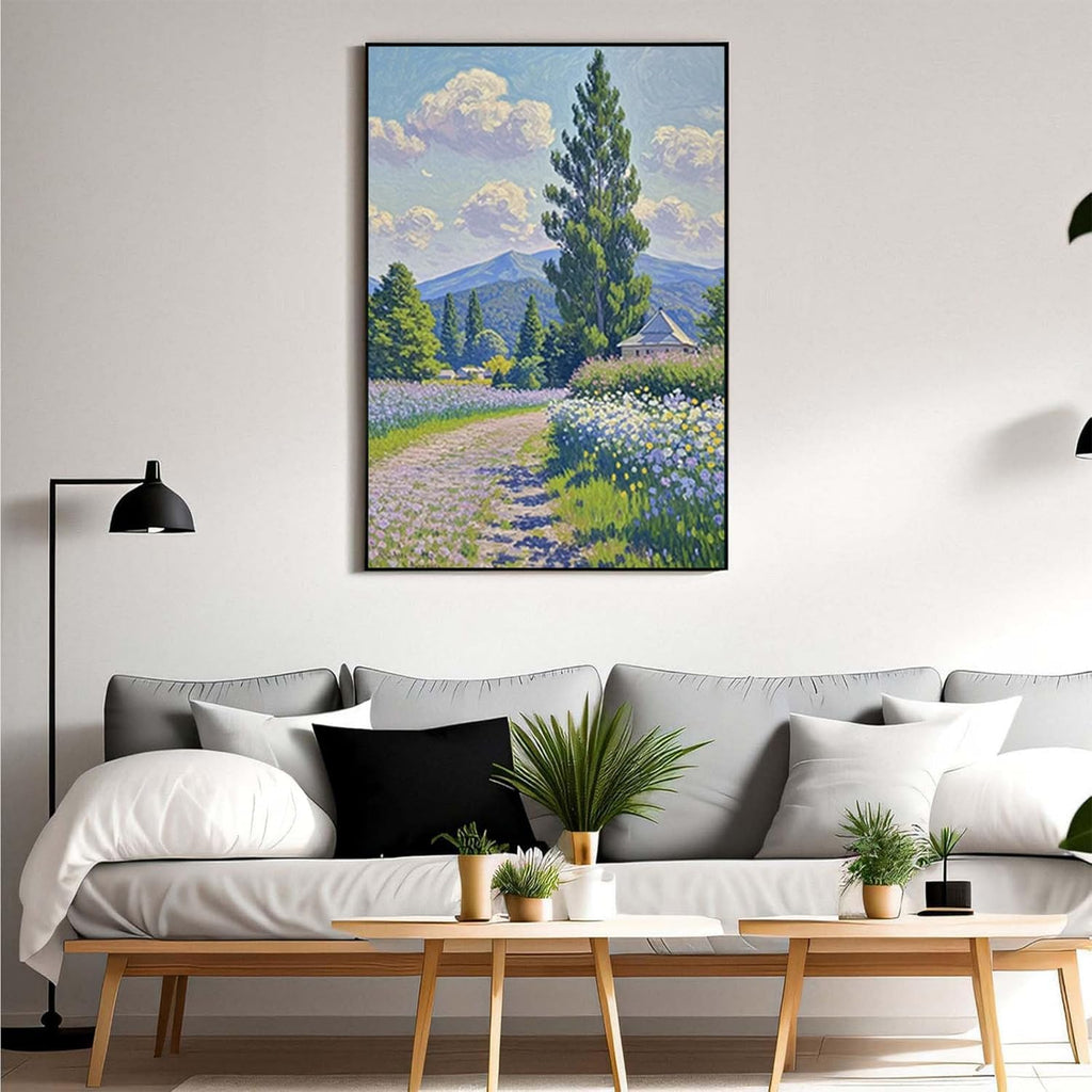 Countryside wildflowers landscape canvas poster natural plant flower artwork retro pastoral flower path suitable for farmhouse decoration